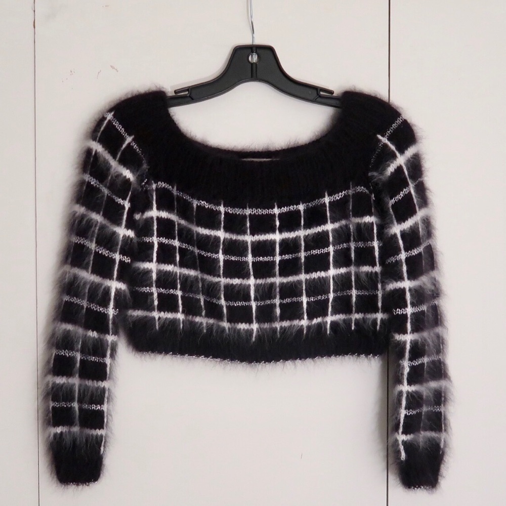 Rodarte fuzzy wool cropped metallic sweater plaid